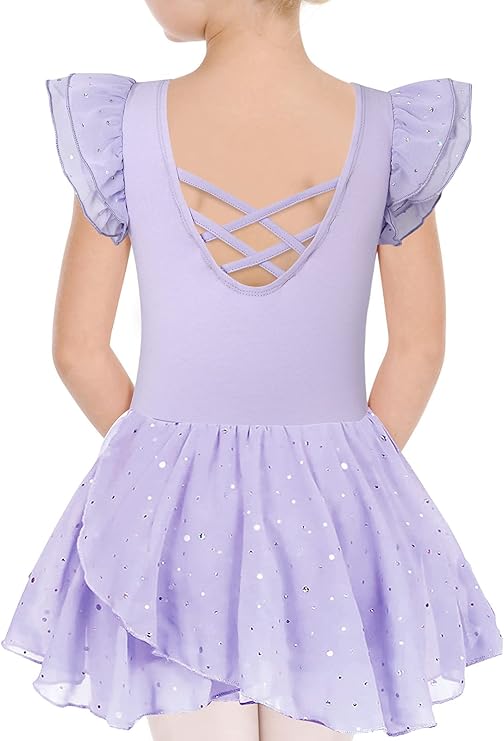 女孩芭蕾舞蹈裙交叉后背紧身连衣裤带芭蕾舞短裙荷叶边袖芭蕾舞服